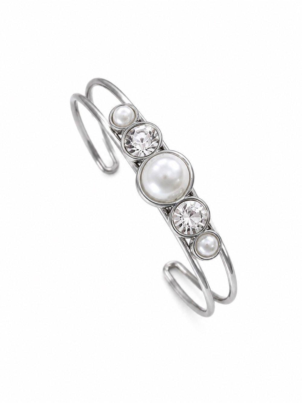Silver Tone Faux Pearl & Clear Crystal Open Cuff Bracelet | Elegant Adjustable B